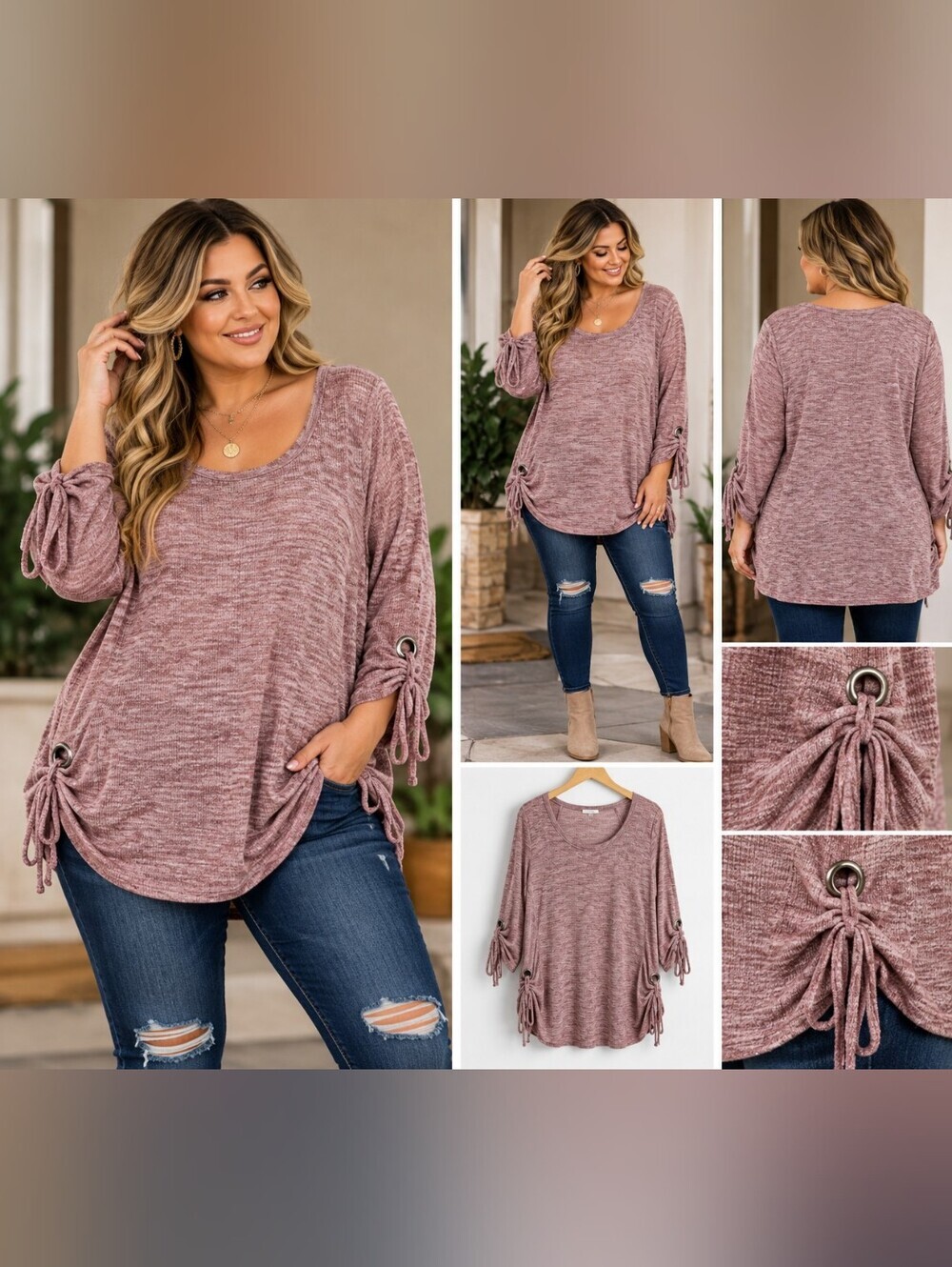 Signature Studio 1X Mauve Ruched Drawstring Tunic Top Long Sleeve